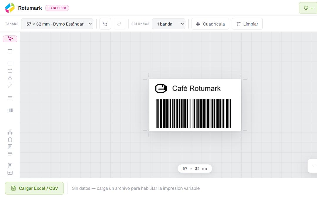 Editor de LabelPro mostrando el diseño de una etiqueta