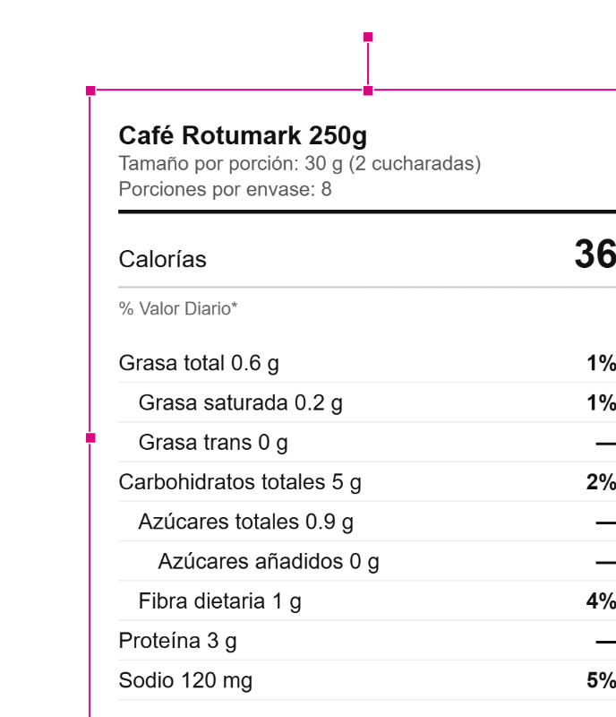 Tabla de información nutricional generada en LabelPro conforme a la Resolución 810/2021